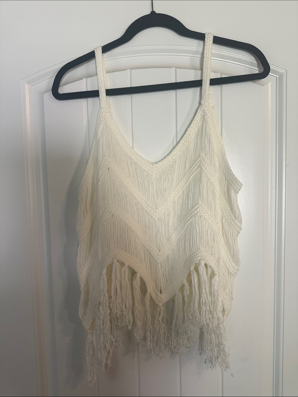 Boho Fringe V-Neck Crochet Tank Top - Cream